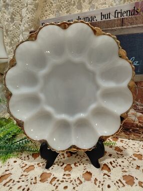 Vintage Source Unknown White and Gold Scalloped Egg Serving Platter